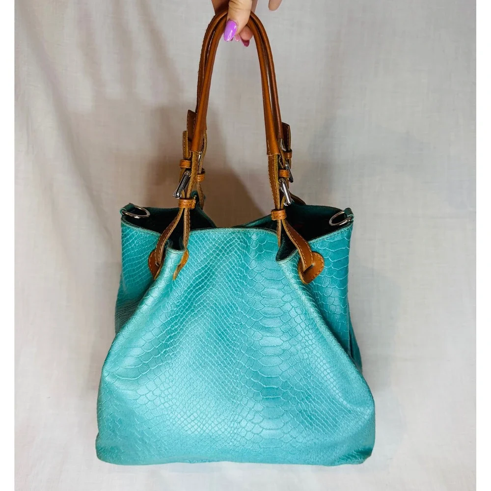 Borse in Pelle Italian Turquoise Snakeskin Embossed Leather Tote Shoulder Bag